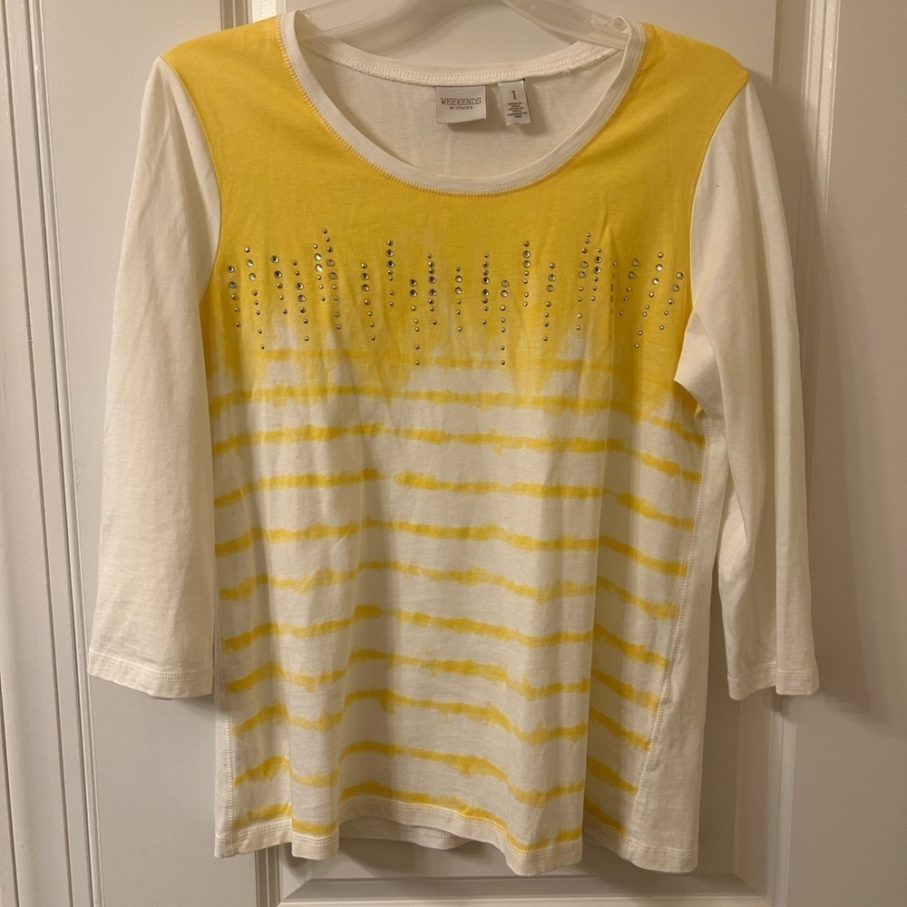 Chico's Yellow and White 3/4 Sleeve T-Shirt